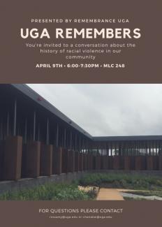 UGA rememberance event flyer for April 9 student presentation, 6pm, room 248 MLC