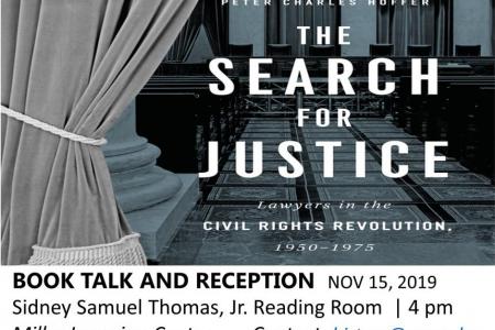 flyer for book release reception for Peter Hoffer's book, "The Search for Justice"