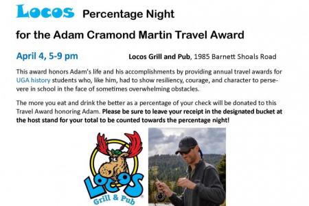 flyer for event April 4, Locos percentage night fundraiser for studnet travel award