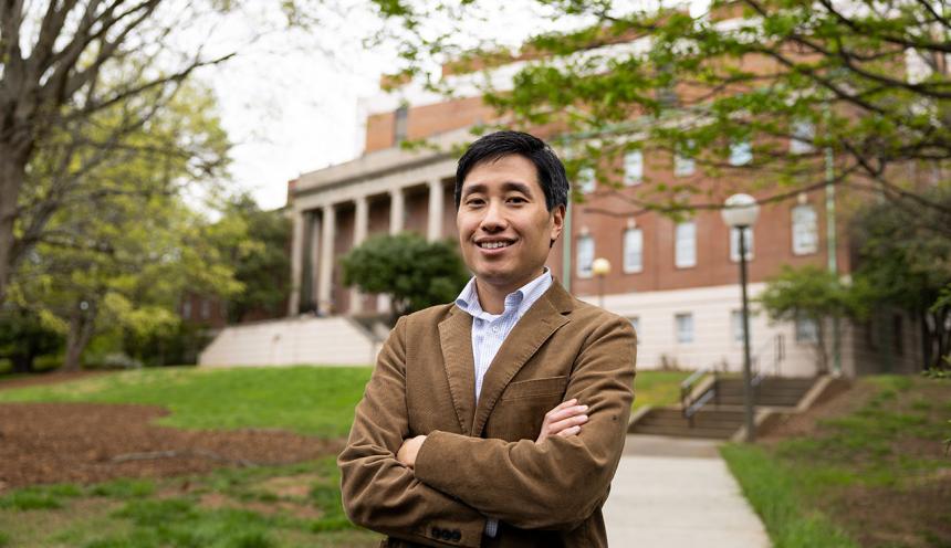 Photo of Dr. TImothy Yang on the grounds of LeConte Hall, North Campus. (Photo by Chamberlain Smith) 