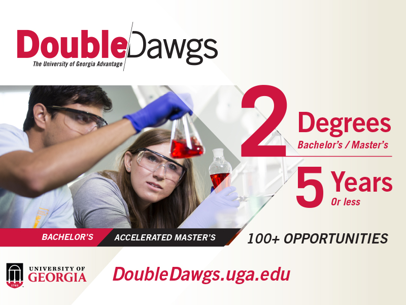 Photo card of UGA Double Dawg logo. 100+ opportunities. Www.doubledawgs.uga.edu