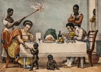 photo of old picture of how colonial home life was imagined with slaves
