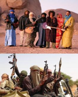 photo of musical band in desert and photo of armed militants in desert