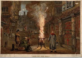 A street during the Great Plague in London, 1665, with a death cart and mourners. Source: Wellcome Library, London