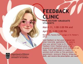 event flyer for history graduate student feedback clinics with Dr. Palmer