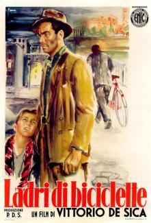 film poster for Bicycle Thieves (1948), with a vintage color image of a 40's man in a suit and a little buy