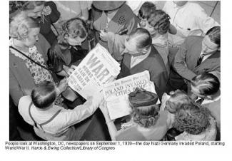 People look at Washington, DC, newspapers on September 1, 1939—the day Nazi Germany invaded Poland, starting World War II. Harris & Ewing Collection/Library of Congress