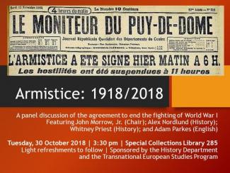 Armistice: 1918/2018 flyer includes a small photo of newspaper from 1918