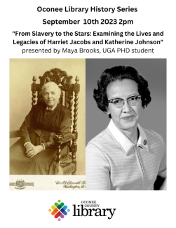 flier for Oconee County library history talk with Maya Brooks Sept. 10