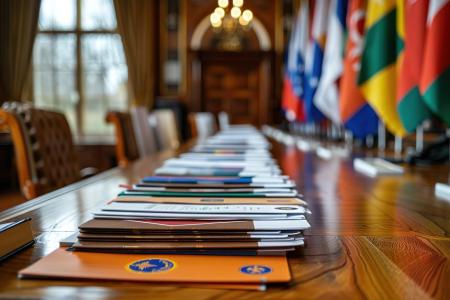 image of conference rooms with flags from various countries in room