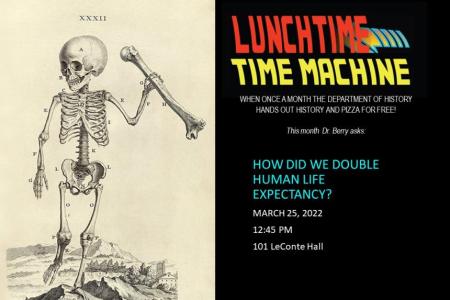 event flyer with old technical sketch of a skeleton