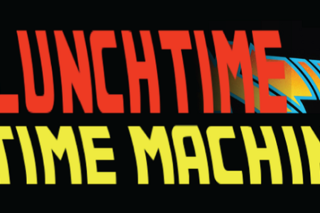 Lunchtime Time Machine logo, with red and yellow text on a black background
