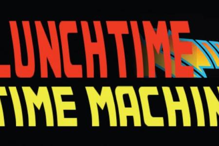 Lunchtime Time Machine logo in orange, turquoise and yellow on a black background