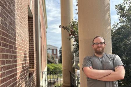 Alexander Bowen on the front porch of LeConte Hall, Athens, GA>
