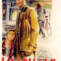 film poster for Bicycle Thieves (1948), with a vintage color image of a 40's man in a suit and a little buy