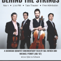 film docuentary poster for "Behind the Strings" film, with photo of quartet of musicians