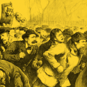 colorized illustration of the Tompkins Square Park riot in New York City in 1874, fromthe article